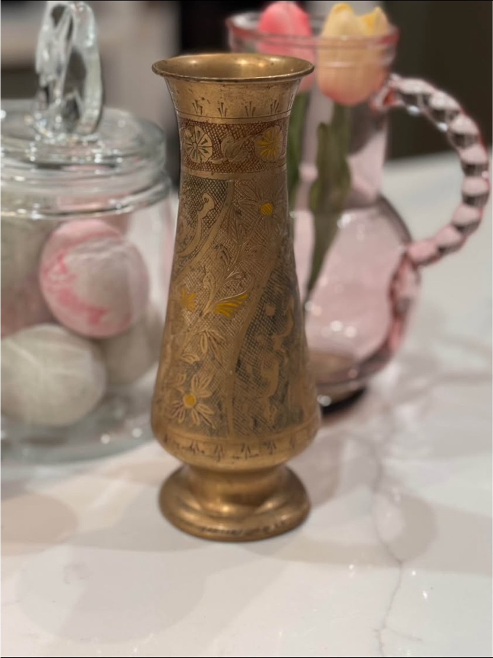 Vintage VTG Solid Brass Floral Inlay 8" Flower Vase -Ivan Palace New Delhi India - Picture 3 of 11
